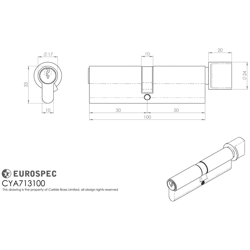 Eurospec - Euro Cylinder and Turn (50/50mm) - Satin Chrome - CYA713100SC