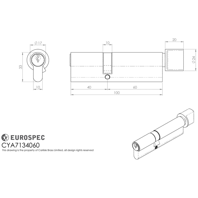 Eurospec - Offset Euro Cylinder and Turn 100mm (40/60mm) - Satin Chrome - CYA7134060SC