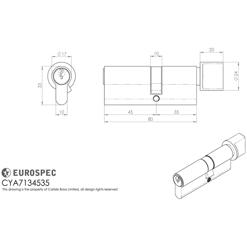 Eurospec - Offset Euro Cylinder and Turn 80mm (45/35mm) - Satin Chrome - CYA7134535SC