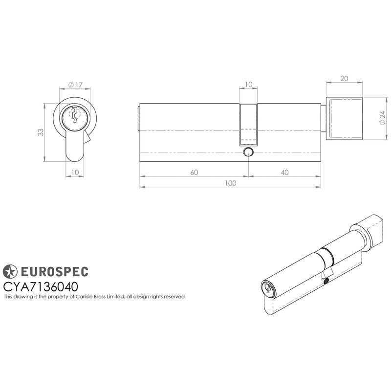 Eurospec - Offset Euro Cylinder and Turn 100mm (60/40mm) - Satin Chrome - CYA7136040SC
