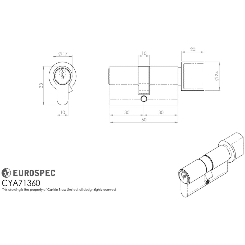 Eurospec - Euro Cylinder and Turn 60mm (30/30mm) - Polished Chrome - CYA71360PC
