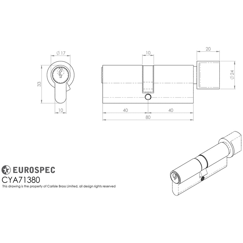 Eurospec - Euro Cylinder and Turn 80mm (40/40mm) - Polished Chrome - CYA71380PC