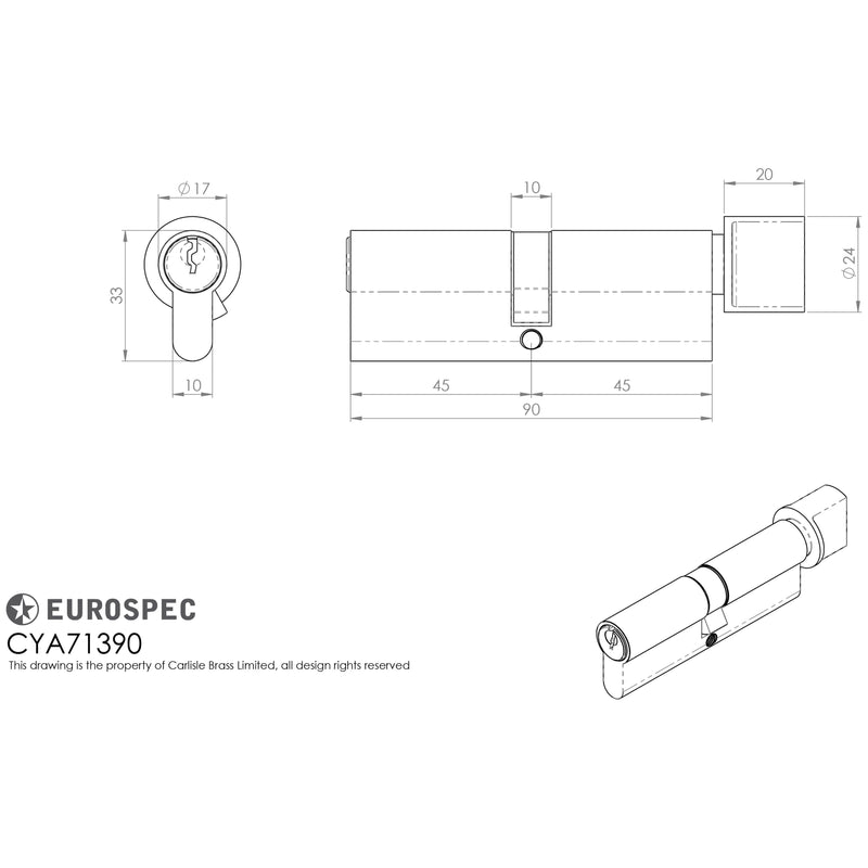 Eurospec - Euro Cylinder and Turn 90mm (45/45mm) - Satin Chrome - CYA71390SC