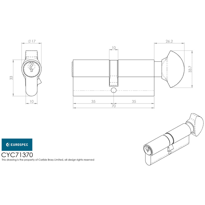 Eurospec - Contract Range 5 Pin Euro Cylinder and Turn 70mm (35/35mm) - Nickel Plate - CYC71360NP