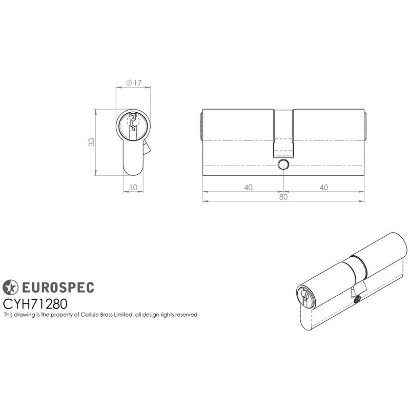 Eurospec - MP10 Euro Double Cylinder 80mm - Satin Chrome - CYH71280SC