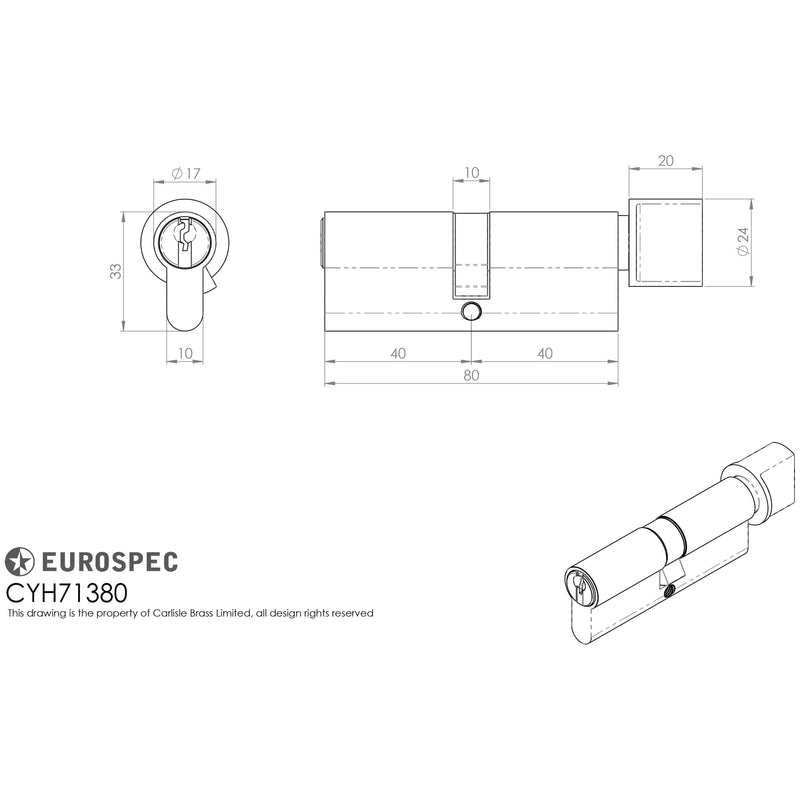 Eurospec - MP10 Euro Cylinder & Turn 80mm - Satin Chrome - CYH71380SC