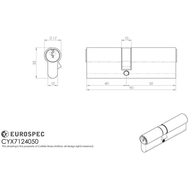 Eurospec - Mpx6 Euro Double Cylinder 40/50mm Ktd - Polished Brass - CYX7124050PB