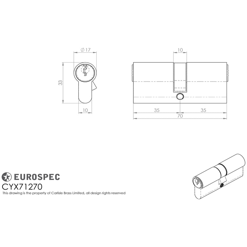 Eurospec - Mpx6 Euro Double Cylinder 70mm Ktd - Polished Brass - CYX71270PB