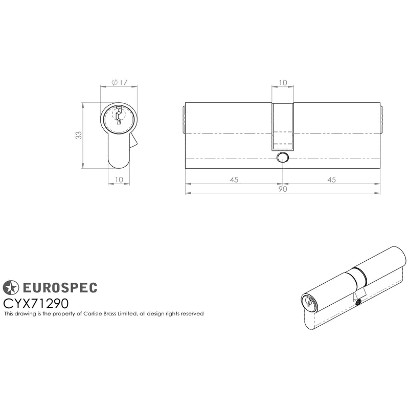Eurospec - Mpx6 Euro Double Cylinder 90mm Ktd - Polished Chrome - CYX71290PC