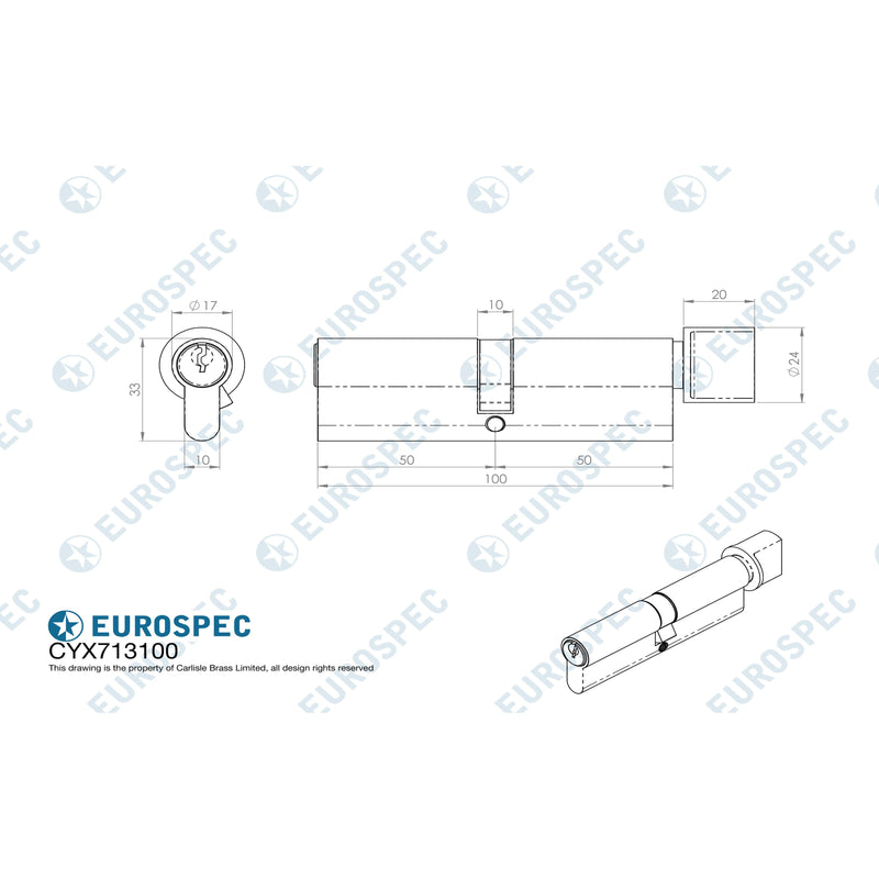 Eurospec - Mpx6 Euro Cylinder & Turn 100mm Ktd - Polished Brass - CYX713100PB