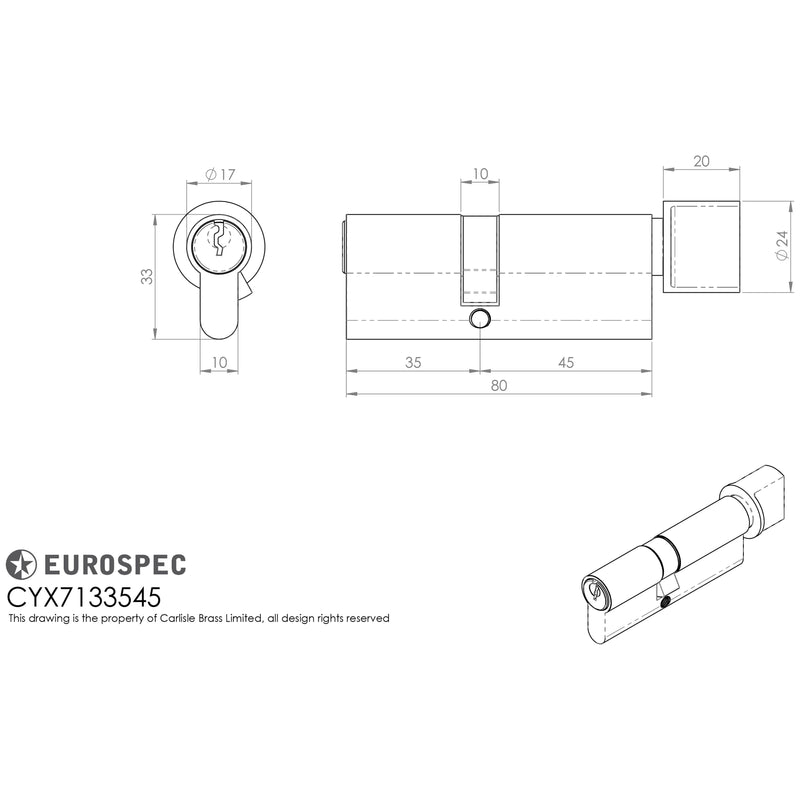 Eurospec - Mpx6 Euro Cylinder & Turn 35/45mm Ktd - Polished Brass - CYX7133545PB