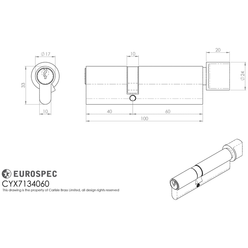 Eurospec - Mpx6 Euro Cylinder & Turn 40/60mm Ktd - Polished Brass - CYX7134060PB