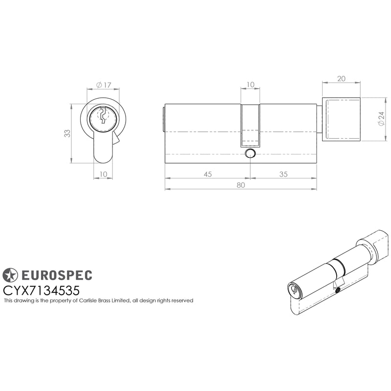 Eurospec - Mpx6 Euro Cylinder & Turn 45/35mm Ktd - Polished Brass - CYX7134535PB