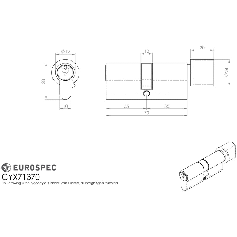 Eurospec - Mpx6 Euro Cylinder & Turn 70mm Ktd - Polished Brass - CYX71370PB
