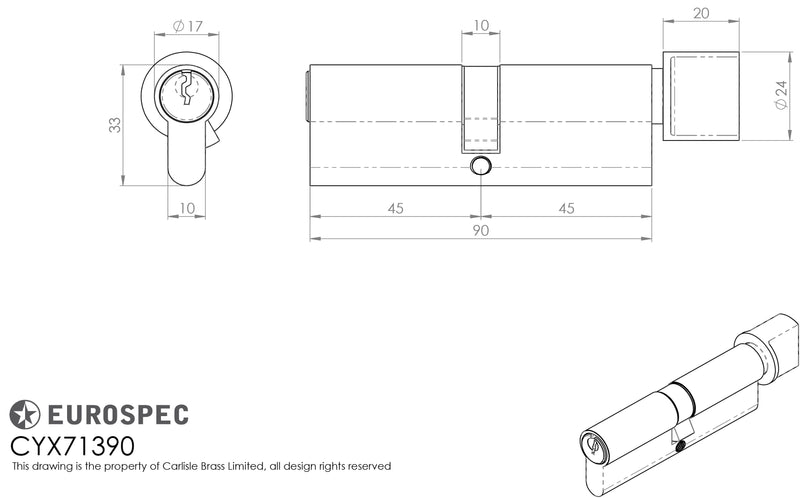 Eurospec - Mpx6 Euro Cylinder & Turn 90mm Ktd - Satin Chrome - CYX71390SC