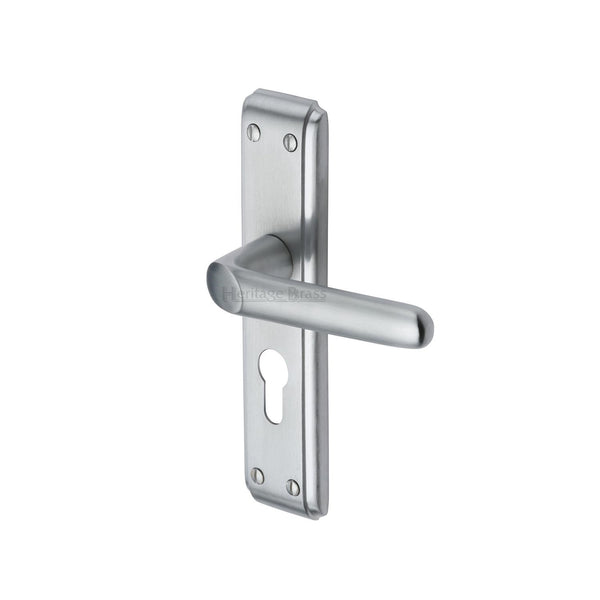 Heritage Brass Door Handle for Euro Profile Plate Deco Design Satin Chrome finish - DEC3048-SC - Choice Handles