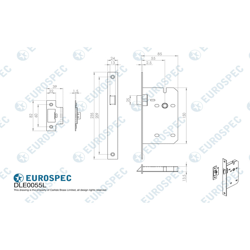 Eurospec - Din Latch, 55mm Backset  - Satin Stainless Steel DLE0055LSSS - Choice Handles