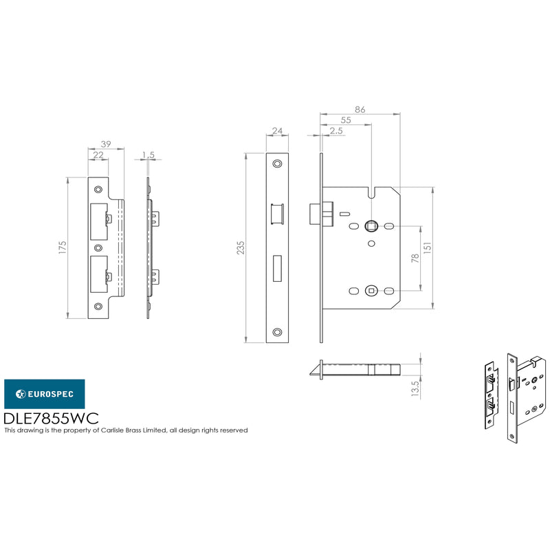 Eurospec - Bathroom Lock, 55mm Backset  - Satin Stainless Steel DLE7855WCSSS - Choice Handles