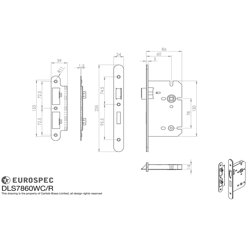 Eurospec - Easi-T Din Bathroom Lock Radius, 60mm Backset  - Satin Stainless Steel DLS7860WCSSS/R - Choice Handles