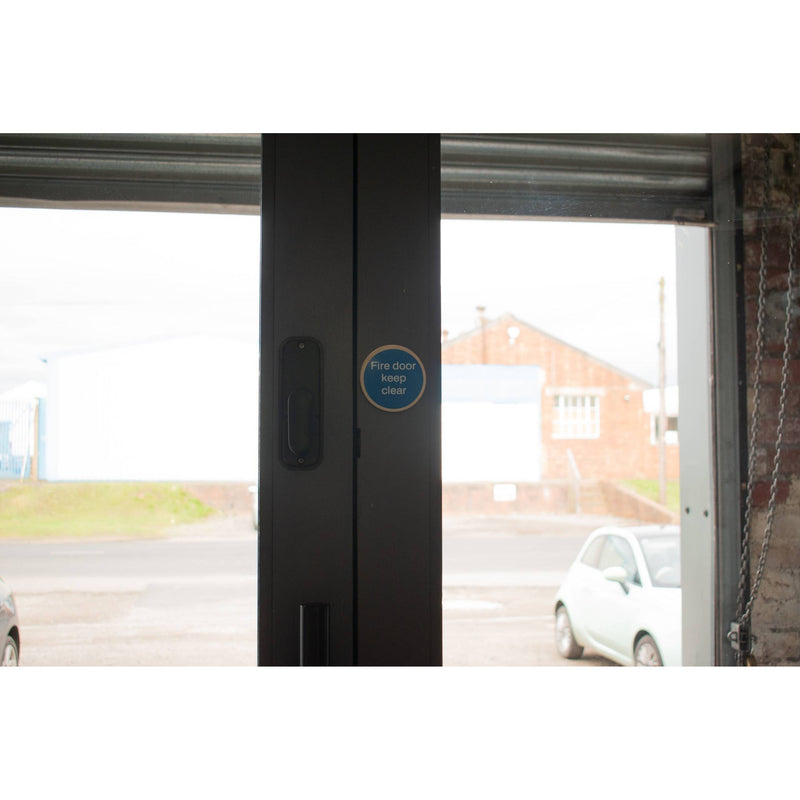 Atlantic Automatic Fire Door Keep Clear Disc Sign 75mm 3M Adhesive - Satin Stainless Steel - AS75AFDKCASSS - Choice Handles