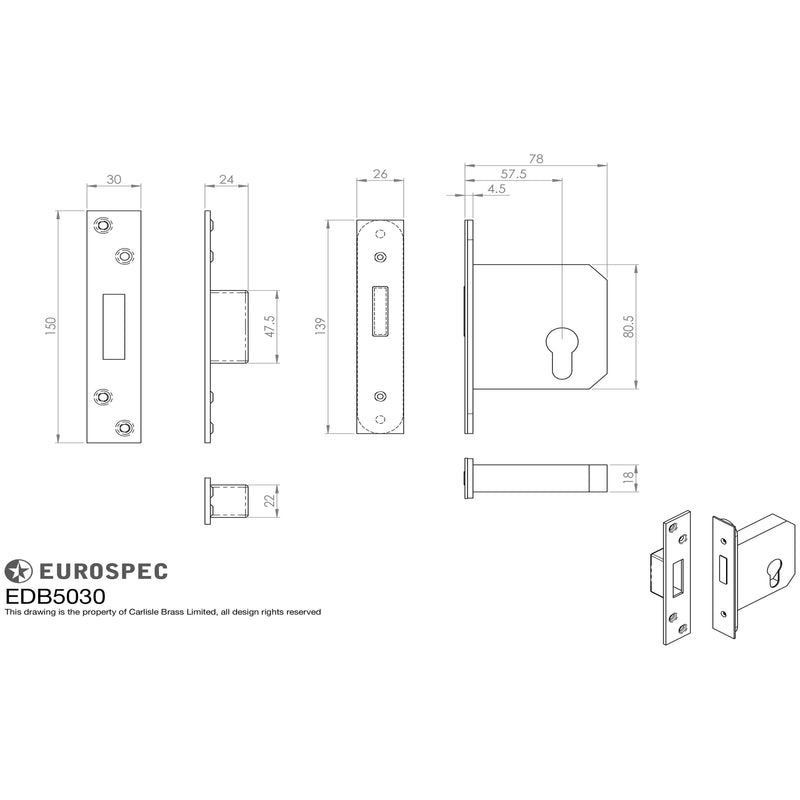 Eurospec - Euro Profile High Security Cylinder Deadlock 76mm (replacement lock case only) - Satin Stainless Steel - EDBL5025SSS - Choice Handles