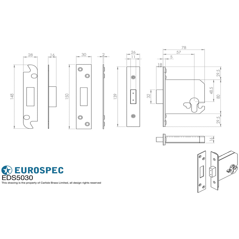 Eurospec - Euro Profile Deadlock 76mm - Satin Stainless Steel - EDS5030SSS - Choice Handles