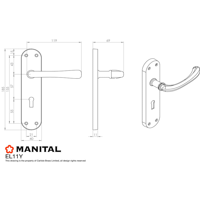 Manital - Ibra Lever on Euro Lock Backplate - Polished Brass - EL11Y - Choice Handles