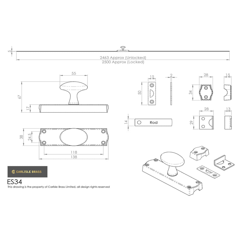 Carlisle Brass - Espagnolette - Oval Knob Set With 2 X 1.2 Mtr Brass Rods & Keepers - Polished Brass - ES34