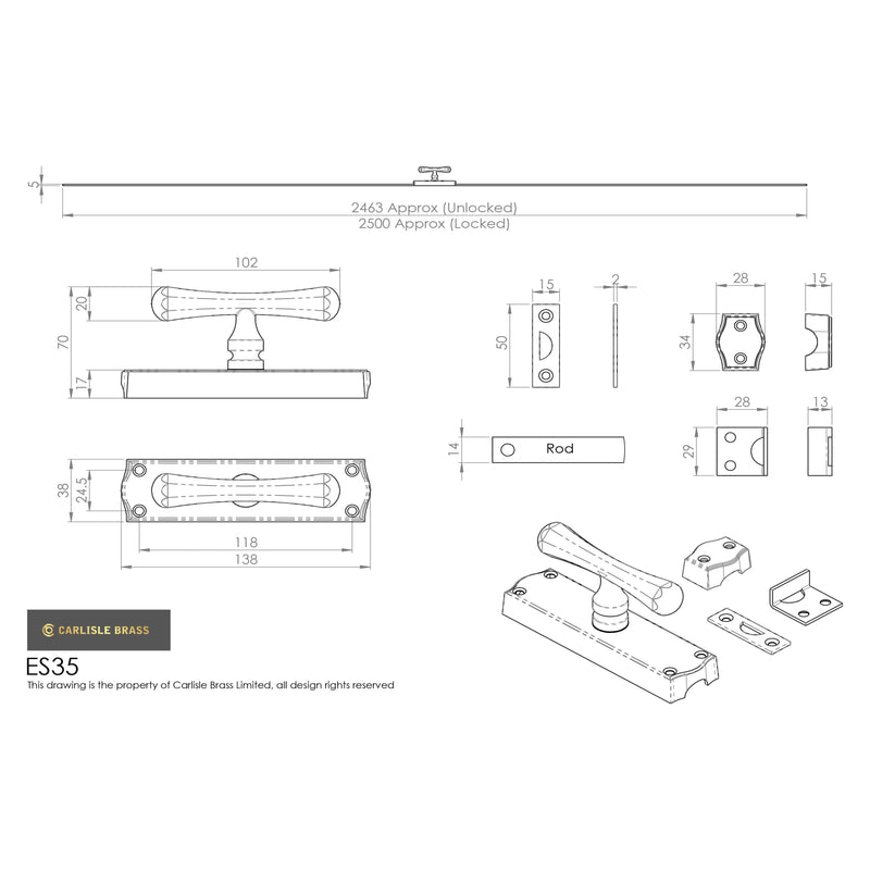 Carlisle Brass - Espagnolette - Tee Knob Set With 2 X 1.2M Chrome Plated Brass Rods & Keepers. - Polished Chrome - ES35CP