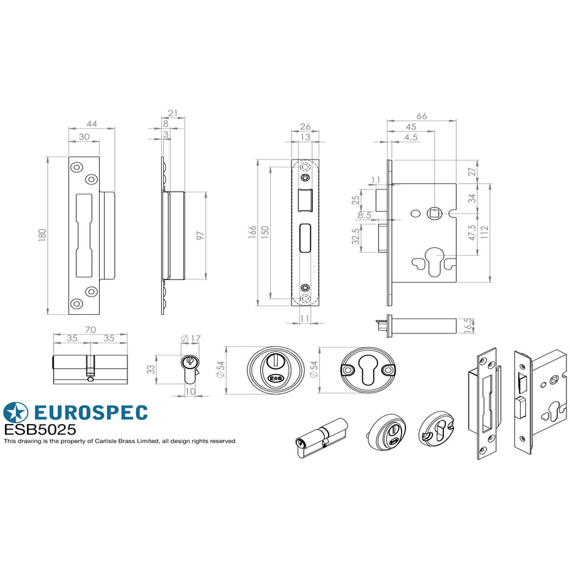 Eurospec - Easi T Euro Profile BS Cylinder Sashlock 64mm - Satin Stainless Steel - ESB5025SSS - Choice Handles