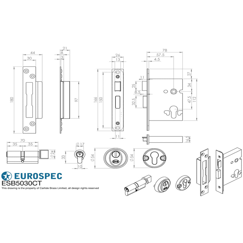 Eurospec - Easi T Euro Profile BS Cylinder and Turn Sashlock 76mm - Satin Stainless Steel - ESB5030/CT/SSS - Choice Handles