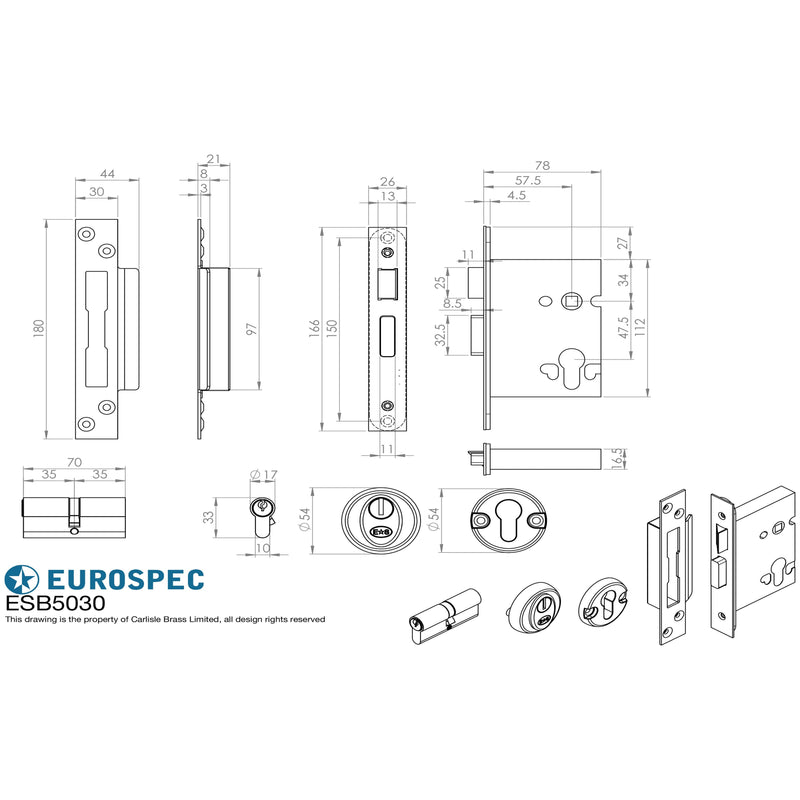 Eurospec - Easi T Euro Profile BS Cylinder Sashlock 76mm - Satin Stainless Steel - ESB5030SSS - Choice Handles