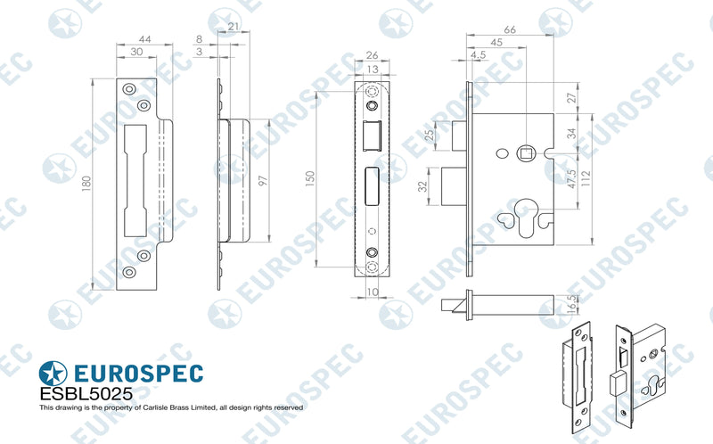 Eurospec - Euro Profile High Security Cylinder Sashlock (replacement lock case only) - Satin Stainless Steel - ESBL5025SSS