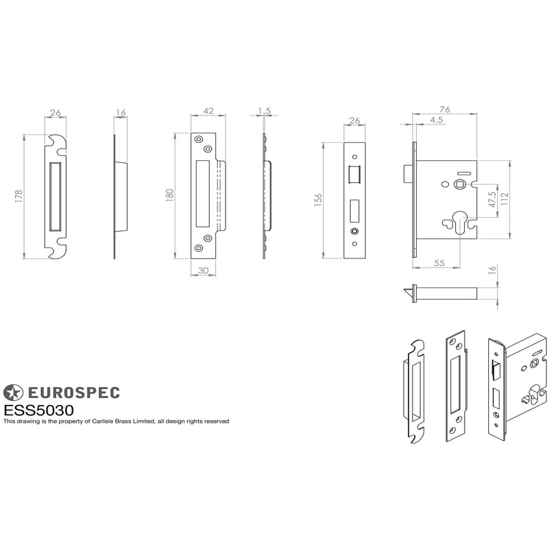 Eurospec - Euro Profile Sashlock 76mm - Satin Stainless Steel - ESS5030SSS - Choice Handles