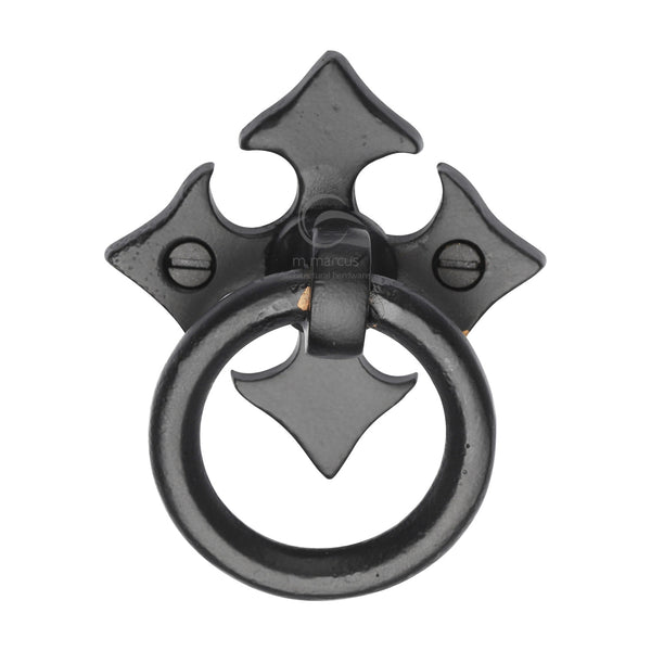 Matt Black Rustic Iron Fleur-De-Lys Cabinet Ring Drop Pull - FB6331 - Choice Handles