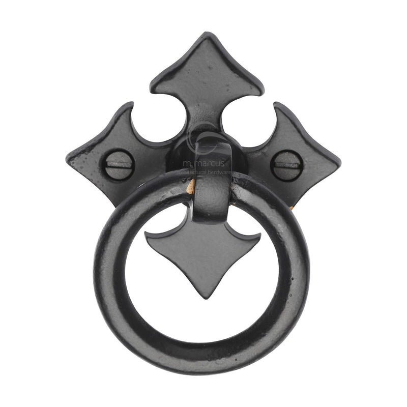 Matt Black Rustic Iron Fleur-De-Lys Cabinet Ring Drop Pull - FB6331 - Choice Handles