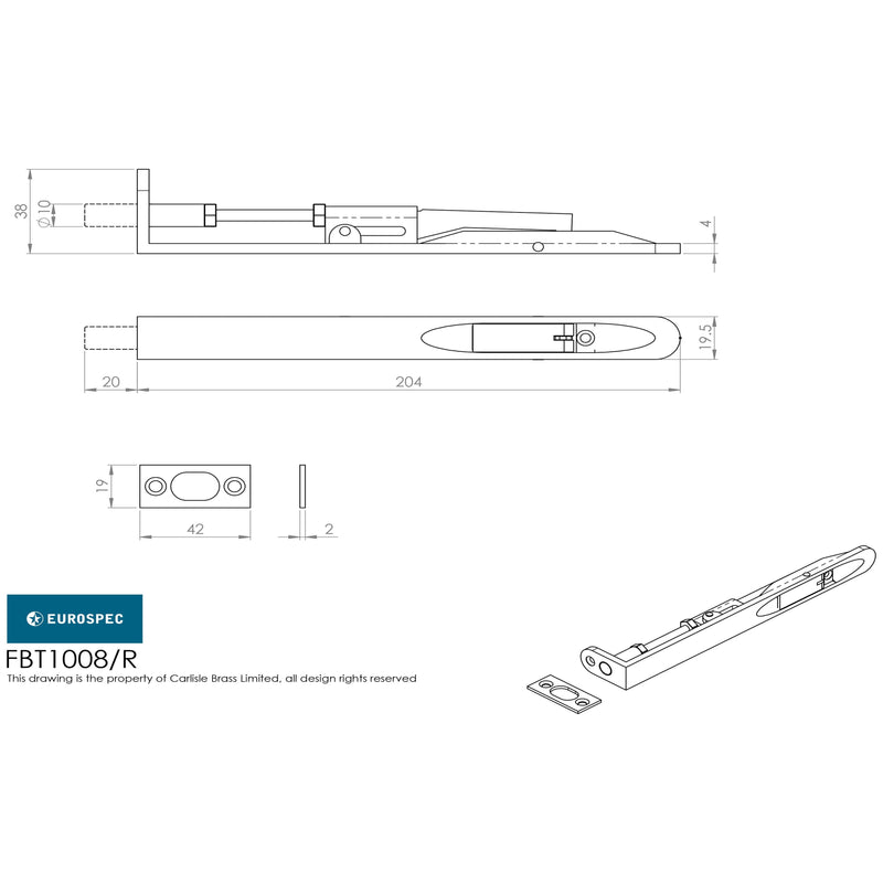 EurospecFlush Bolt Radius 204mm x 20mm - Satin Stainless Steel - FBT1008SSS/R - Choice Handles