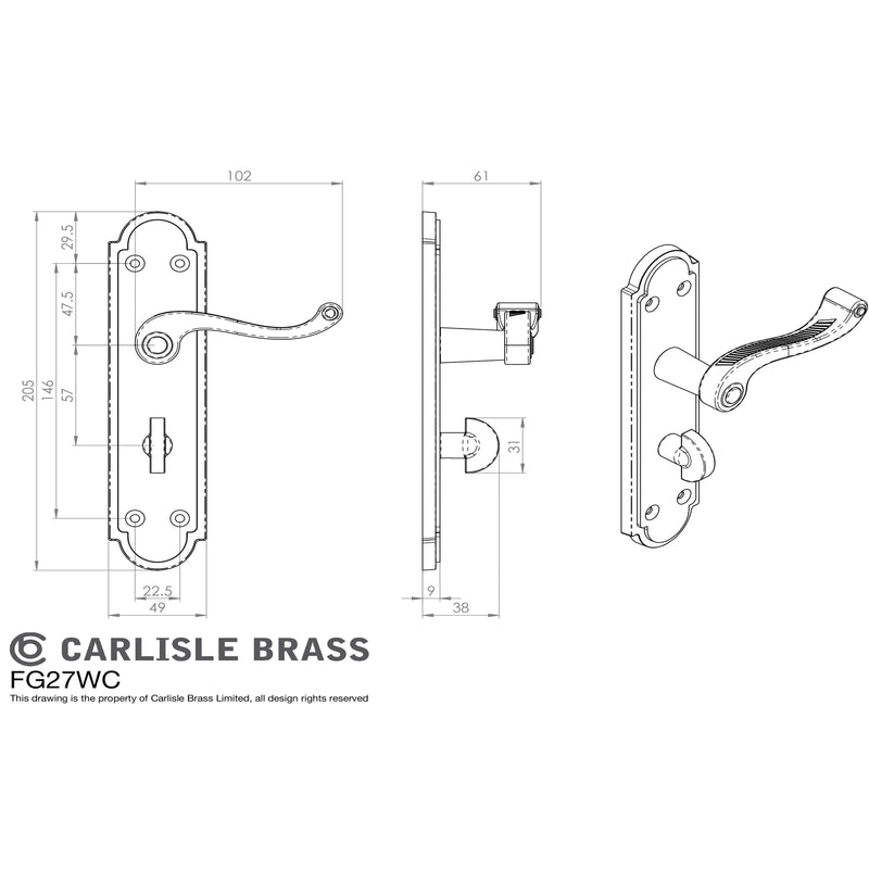 Carlisle Brass - Georgian Lever on Shaped WC Backplate - Polished Brass - FG27WC - Choice Handles