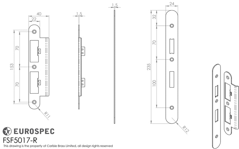 Eurospec - Forend Strike & Fixings - DLS7260Ep/DLS7860WC - Radius - Satin Brass - FSF5017SB/R