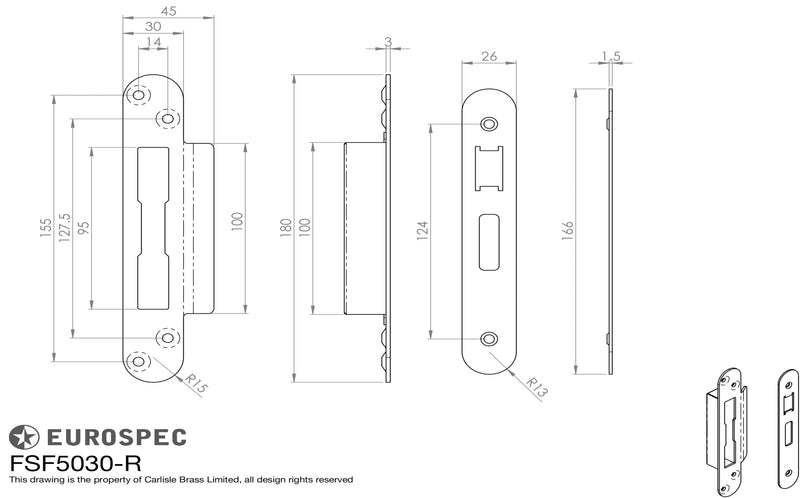 Eurospec - Forend Strike & Fixing Pack To Suit BS8621 Cylinder Sashlock - Radius - Bright Stainless Steel - FSF5030BSS/R