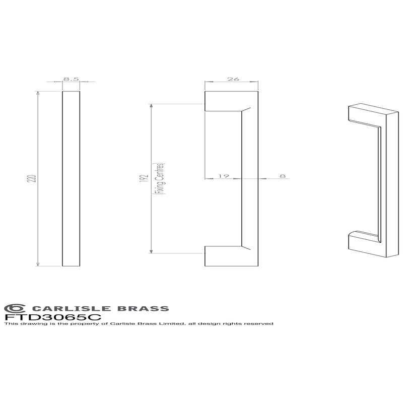 Carlisle Brass - Slim D Handle 220mm Polished Chrome - Polished Chrome - FTD3065CCP - Choice Handles