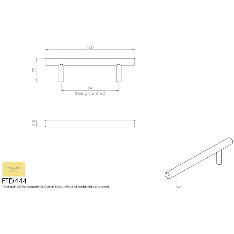 Carlisle Brass - Mini T-Bar Handle 64mm - Polished Chrome - FTD444CP - Choice Handles