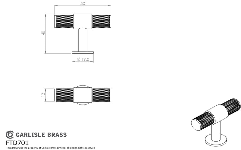 Carlisle Brass - Knurled Cabinet T-Bar Knob - Polished Chrome - FTD701CP