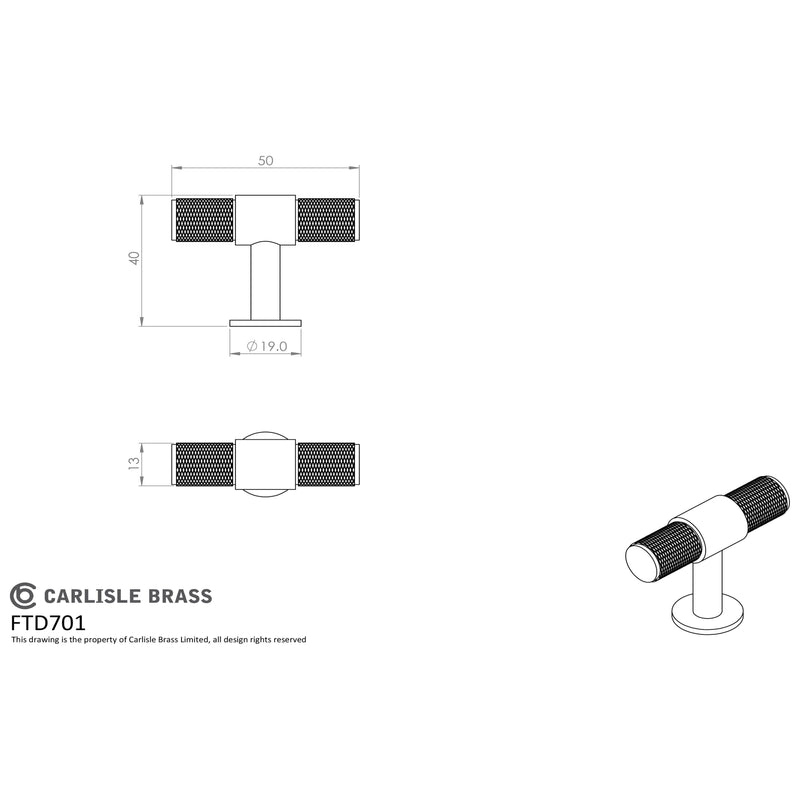 Carlisle Brass - Knurled T-bar Knob 50mm - Antique Brass - FTD701AB - Choice Handles