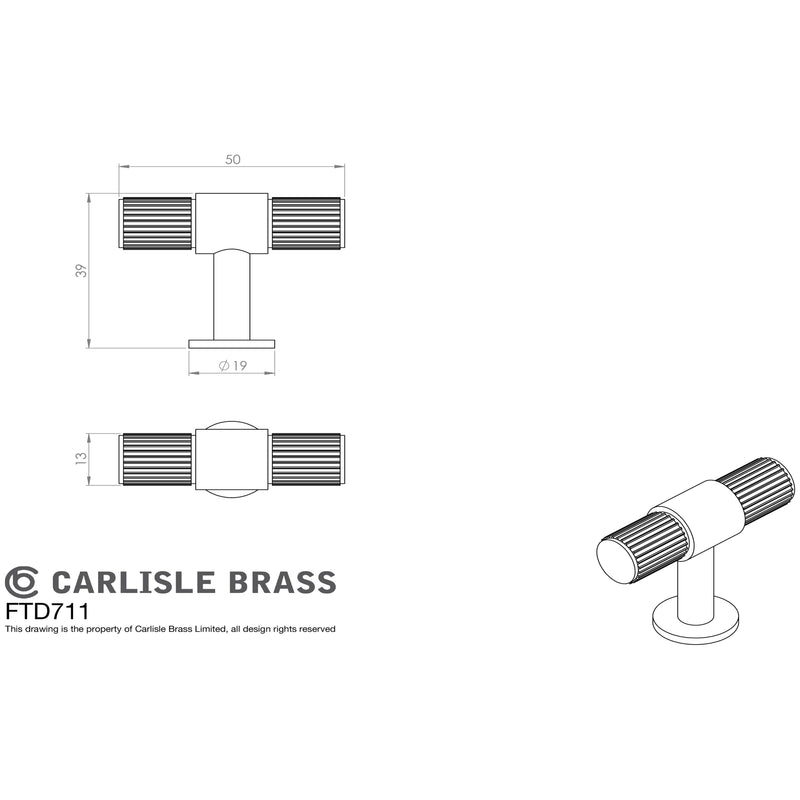 Carlisle Brass - Lines T-bar knob 50mm - Antique Brass - FTD711AB