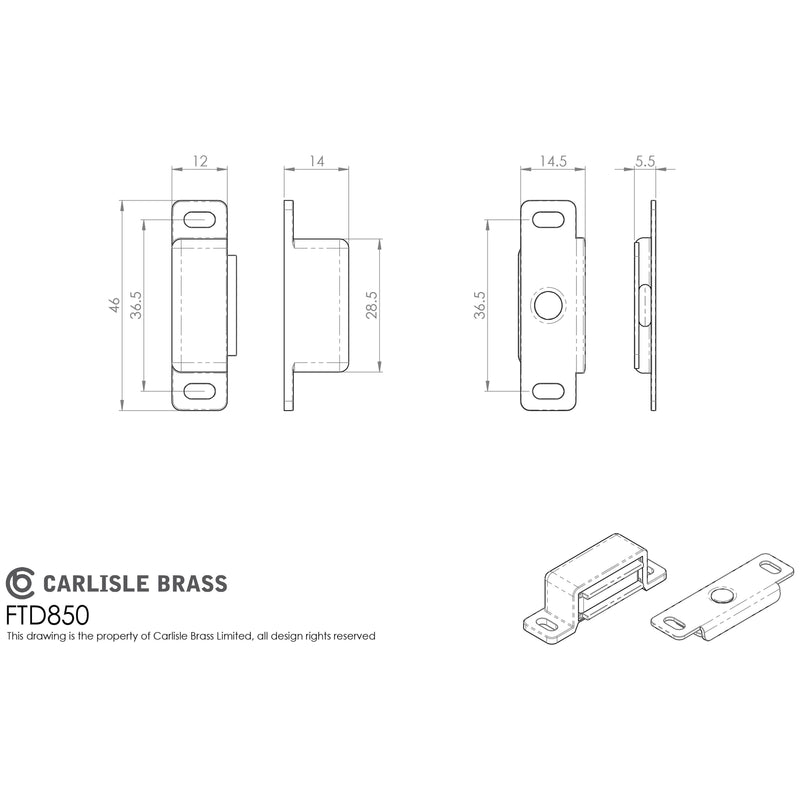 Carlisle Brass - 46 X 15 X 14mm - Steel Magnetic Catch - 3.5Kg Pull - Electro Brassed - FTD850EB - Choice Handles