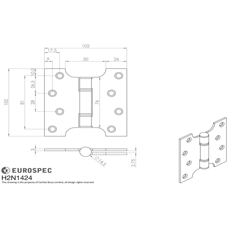 Eurospec - Enduromax Grade 13 Parliament Hinge, 102 x 102 x 3mm - PVD - H2N1424PVD - Choice Handles