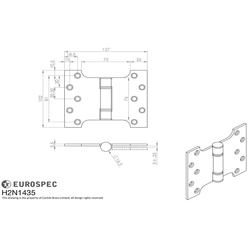 Eurospec - Enduromax Grade 13 Parliament Hinge 102 x 127 x 3mm - Satin Stainless Steel - H2N1435SSS - Choice Handles