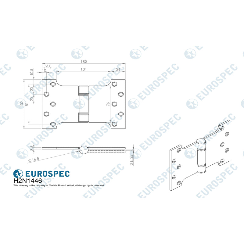 Eurospec - Enduromax Grade 13 Parliament Hinge 102 x 152 x 3.5mm - PVD - H2N1446PVD - Choice Handles
