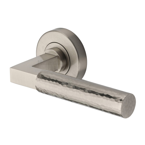Heritage Brass Door Handle Lever on Rose Hammered Bauhaus Design Satin Nickel Finis - HAM2259-SN - Choice Handles